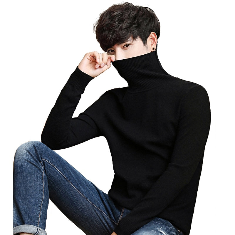 Black Turtleneck Men Knitted Sweater Classic Solid Color Casual Elasti –  Thirsty Tramp
